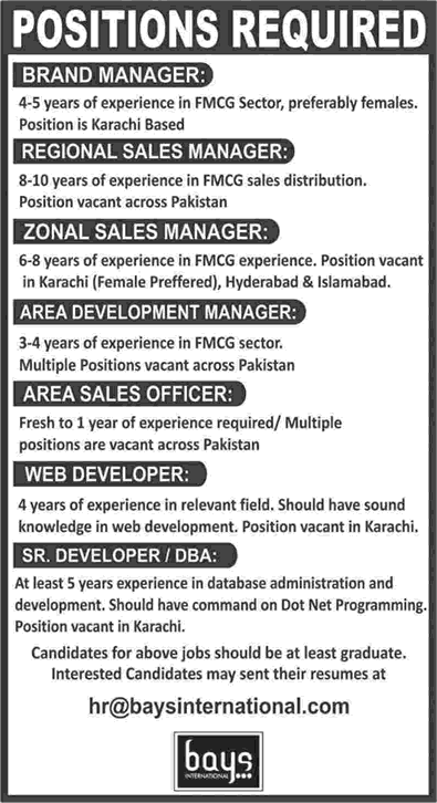 Bays International Pakistan Jobs 2018 May Sales Officer / Manager & Others Latest