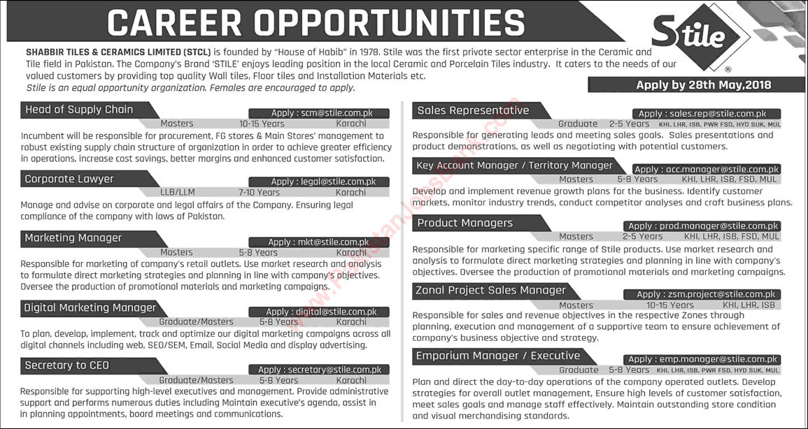 Shabbir Tiles and Ceramics Limited Pakistan Jobs 2018 May Sales Officer / Manager & Others Latest