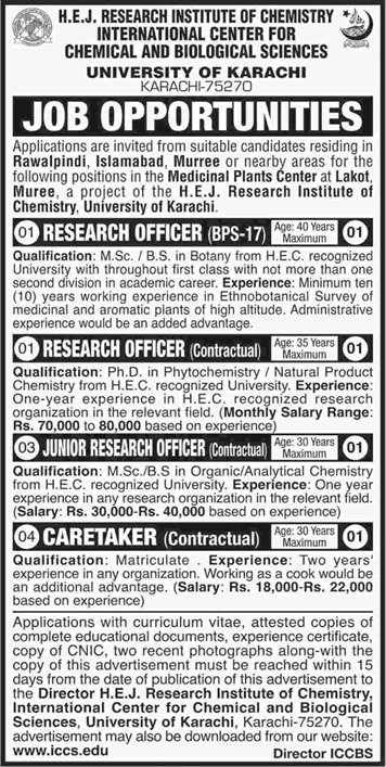 ICCBS University of Karachi Murree Jobs May 2018 Research Officers & Caretaker Latest