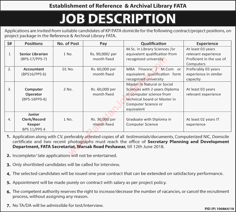 Reference and Archival Library FATA Jobs 2018 May Computer Operator & Others Latest