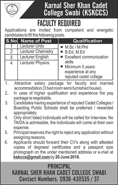 Lecturers Jobs in Karnal Sher Khan Cadet College Swabi 2018 May Latest