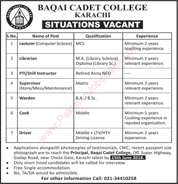 Baqai Cadet College Karachi Jobs June 2018 Lecturer, Librarian, Supervisors & Others Latest