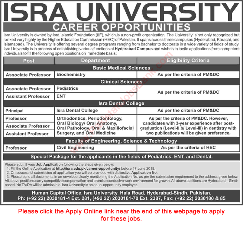 Isra University Hyderabad Campus Jobs 2018 June Apply Online Teaching Faculty & Principal Latest