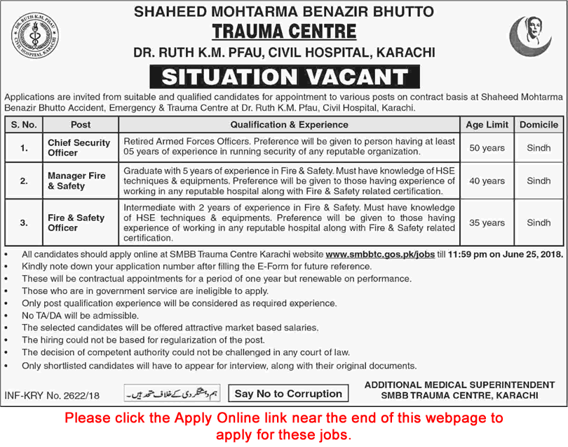 Civil Hospital Karachi Jobs June 2018 SMBB Trauma Center Apply Online Latest