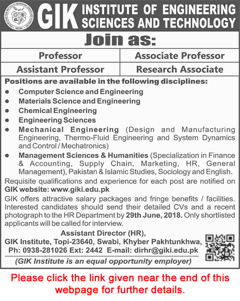 GIK Institute of Science and Technology Swabi Jobs June 2018 Teaching Faculty & Research Associate Latest