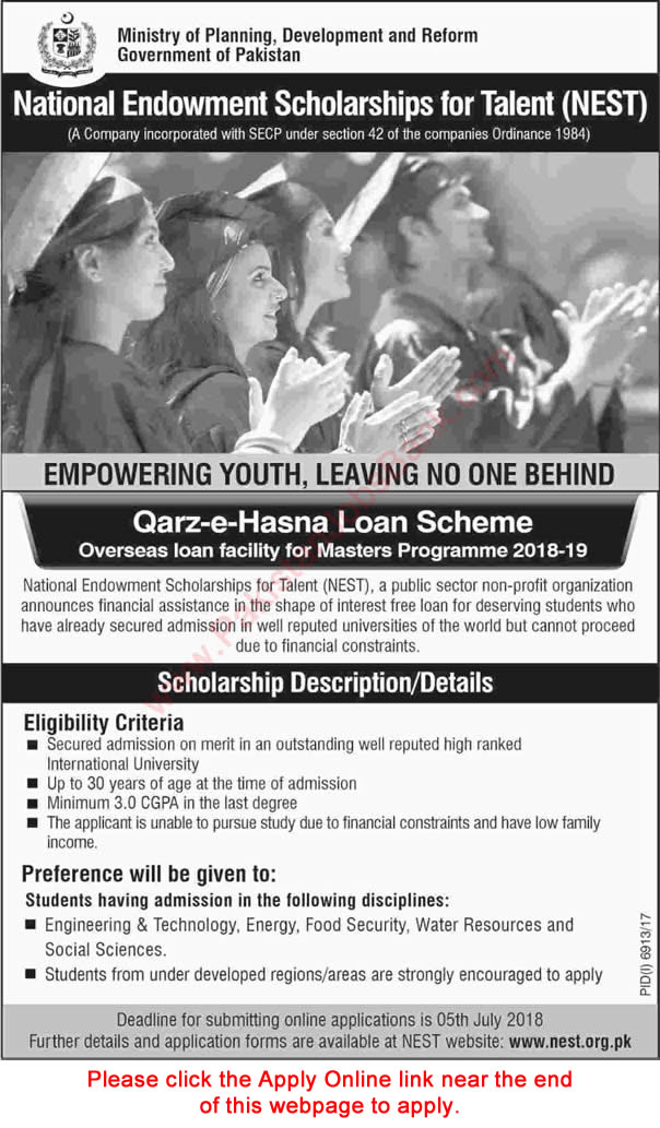 NEST Pakistan Qarz-e-Hasna Loan Scheme for Masters Program Overseas 2018-19 Application Form Latest