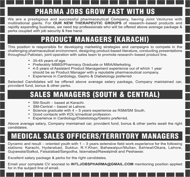 Pharmaceutical Jobs in Pakistan 2018 June Medical Sales Officers, Product & Sales Managers Latest