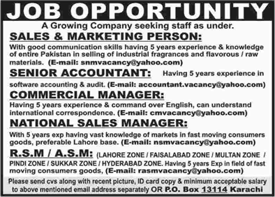 PO Box 13114 Karachi Jobs 2018 June Sales / Marketing Staff, Accountant & Others Latest