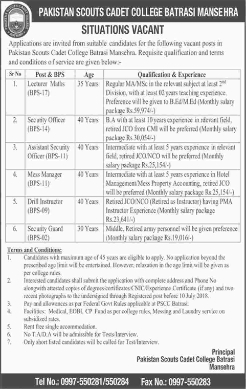 Pakistan Scouts Cadet College Batrasi Mansehra Jobs June 2018 July Lecturer, Drill Instructor & Others Latest