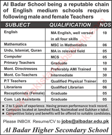 Al Badar Higher Secondary School Karachi Jobs 2018 July Teachers & Others Latest