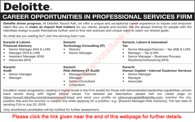 Deloitte Pakistan Jobs 2018 July Managers, Consultants & Associates Latest