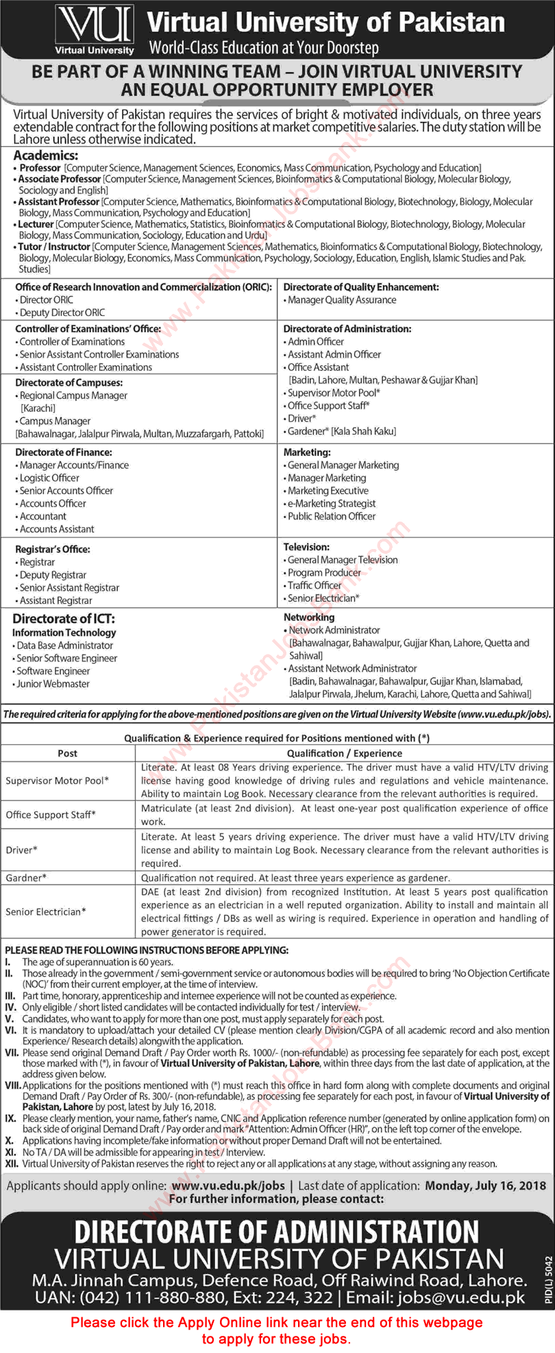 Virtual University Jobs July 2018 Apply Online Teaching Faculty, Admin & Support Staff Latest