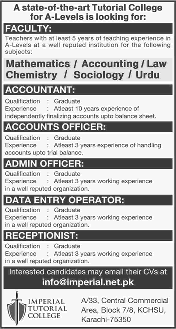 Imperial Tutorial College Karachi Jobs 2018 July Teaching Faculty & Others Latest