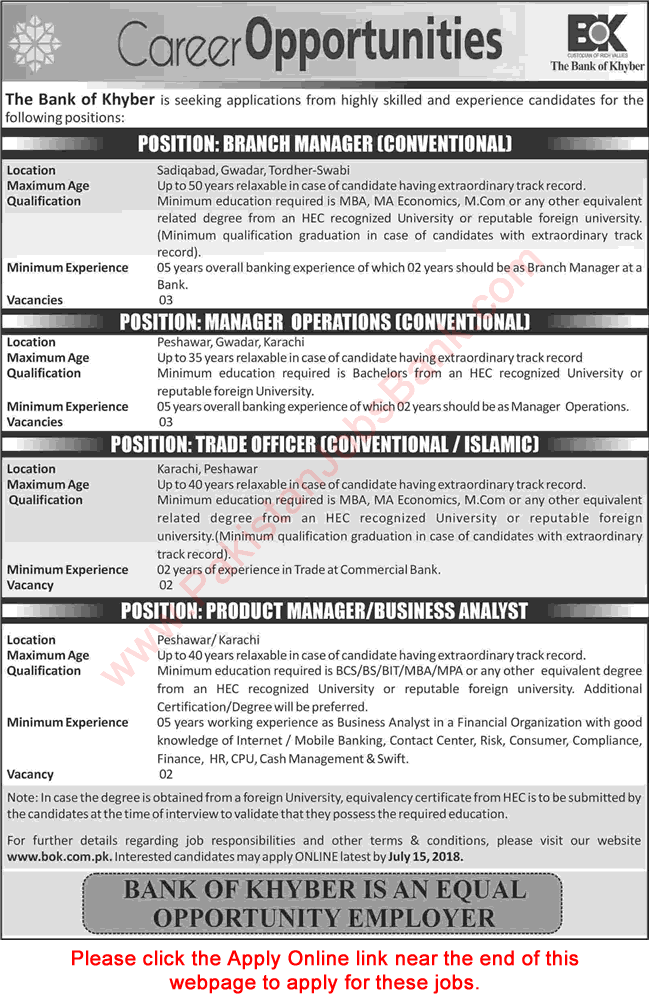 Bank of Khyber Jobs July 2018 Apply Online Operations Managers, Trade Officers & Others Latest