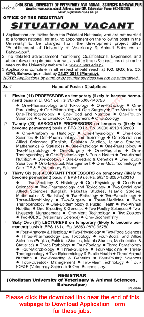 Cholistan University of Veterinary and Animal Sciences Bahawalpur Jobs 2018 July Application Form Teaching Faculty Latest