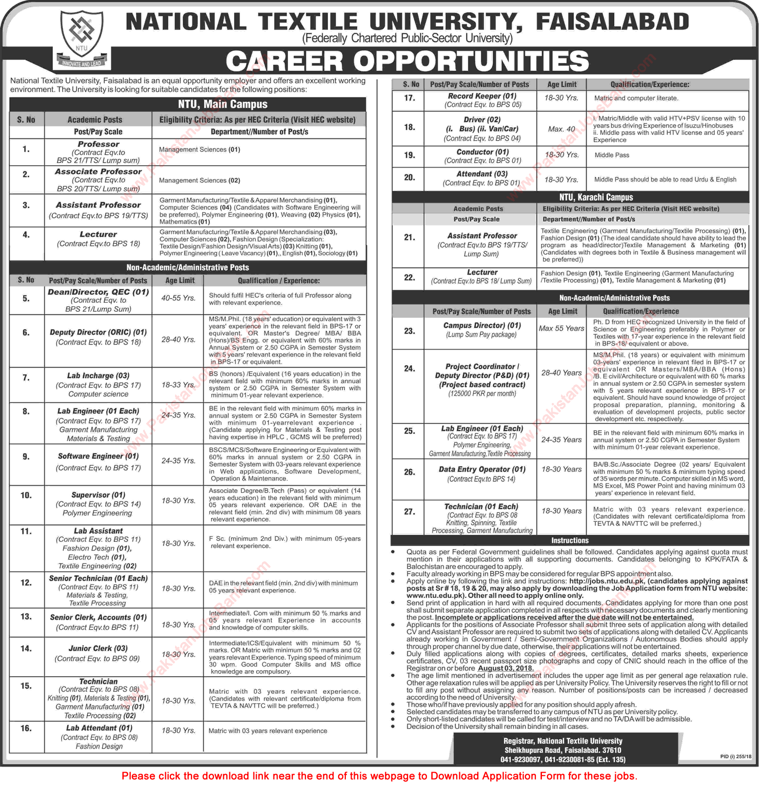 National Textile University Faisalabad Jobs July 2018 Application Form Teaching Faculty & Others Latest