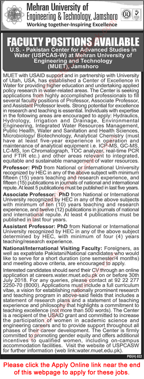 Mehran University of Engineering and Technology Jamshoro Jobs 2018 July Apply Online Teaching Faculty Latest