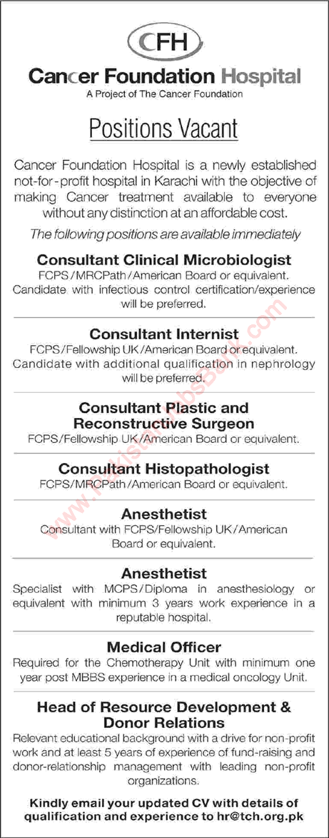 Cancer Foundation Hospital Karachi Jobs July 2018 Medical Officers, Consultants & Others Latest