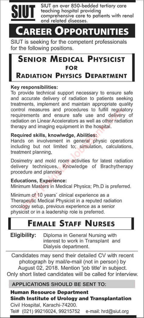 SIUT Karachi Jobs July 2018 Staff Nurses & Medical Physicist Sindh Institute of Urology and Transplantation Latest