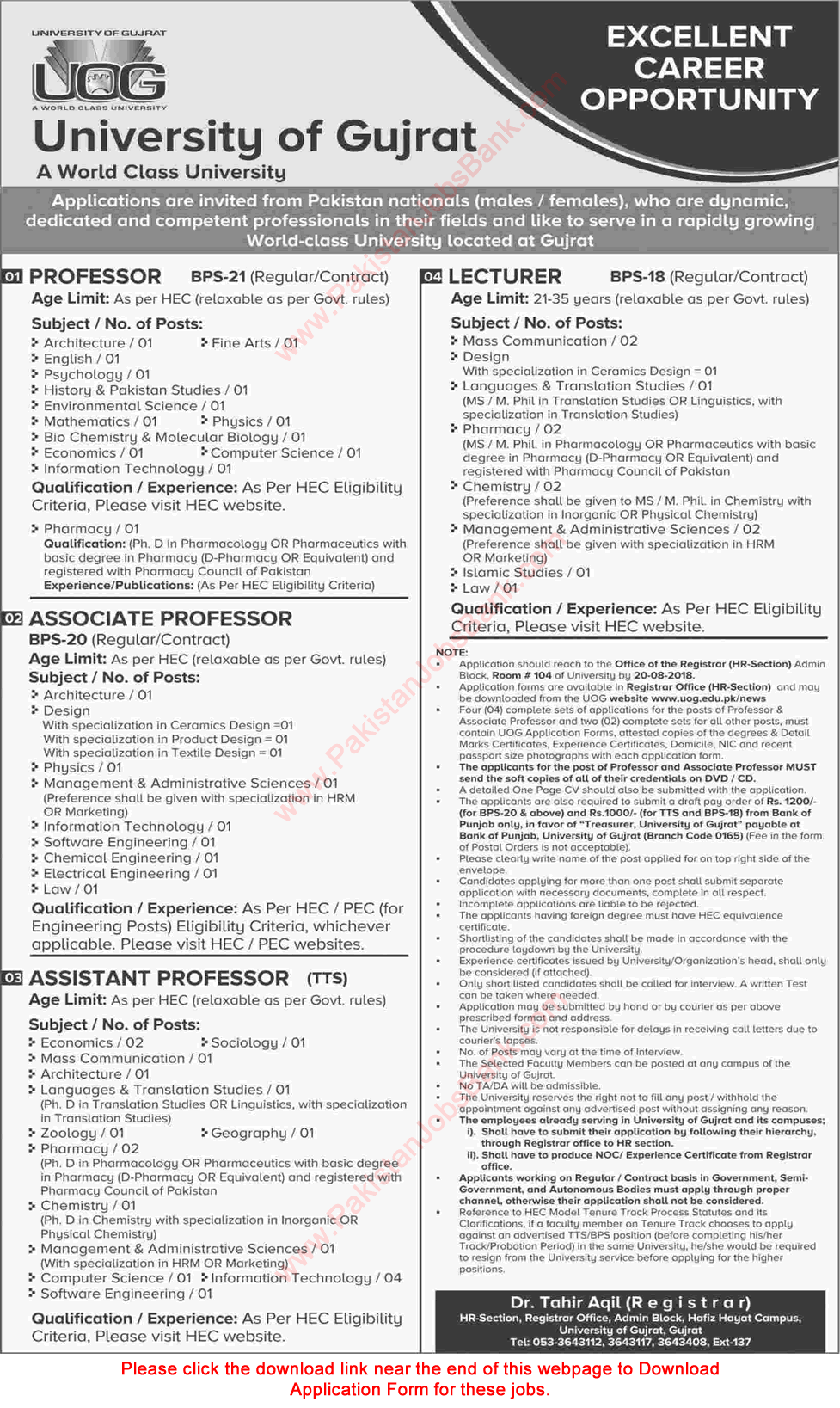 University of Gujrat Jobs August 2018 UOG Application Form Teaching Faculty Latest