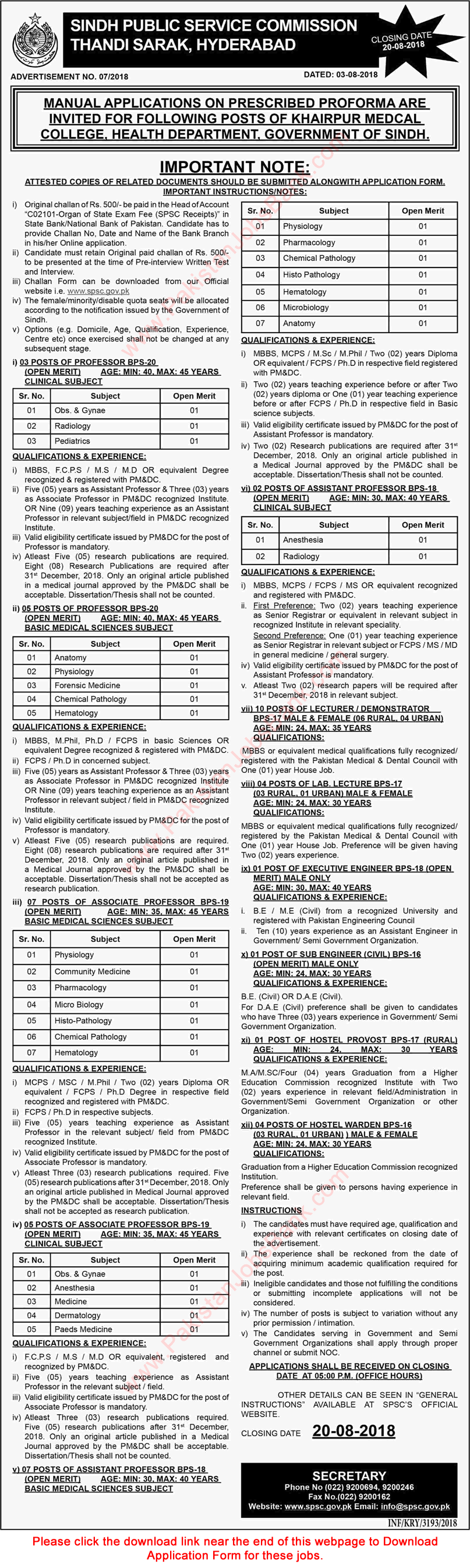 Khairpur Medical College Jobs 2018 August SPSC Apply Online Teaching Faculty & Others Latest