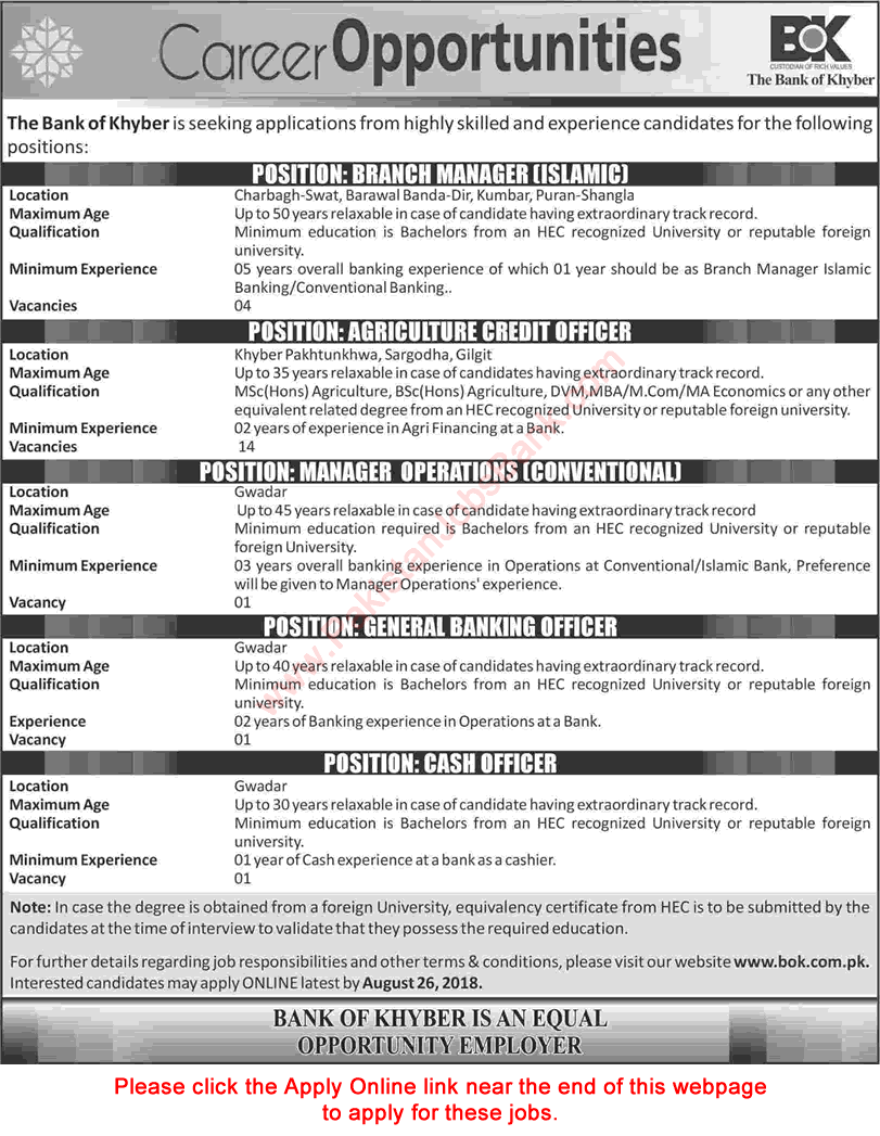 Bank of Khyber Jobs August 2018 Apply Online Agriculture Credit Officers, Branch Managers & Others Latest