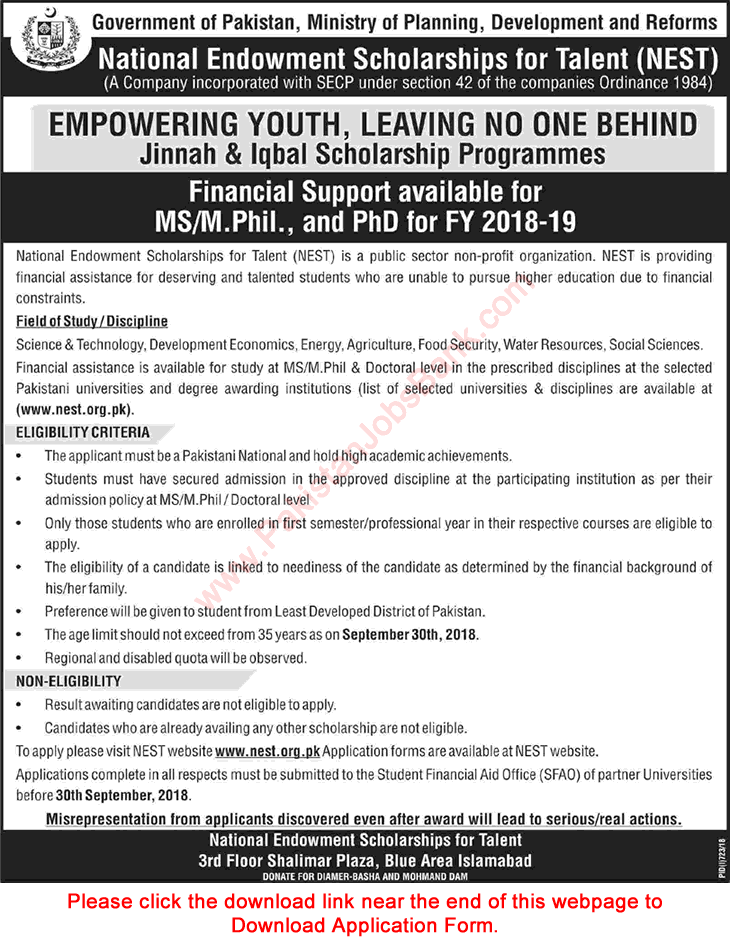 NEST Pakistan Scholarships 2018 August for MS, MPhil & PhD Application Form Download Latest