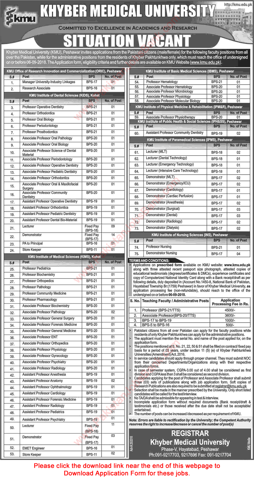 Khyber Medical University Peshawar Jobs 2018 August Application Form Teaching Faculty & Others Latest