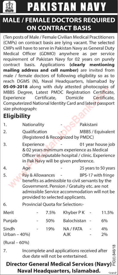 Medical Officer Jobs in Pakistan Navy 2018 August Join as GDMO Latest / New