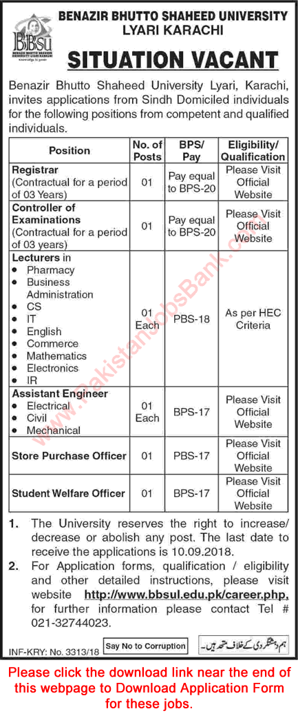 Benazir Bhutto Shaheed University Lyari Karachi Jobs August 2018 Application Form Download Latest