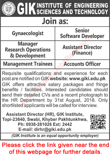GIK Institute of Engineering Sciences and Technology Swabi Jobs August 2018 Management Trainees & Others Latest