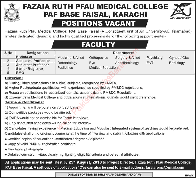 Fazaia Ruth PFAU Medical College Karachi Jobs August 2018 Teaching Faculty & Resident Medical Officers Latest
