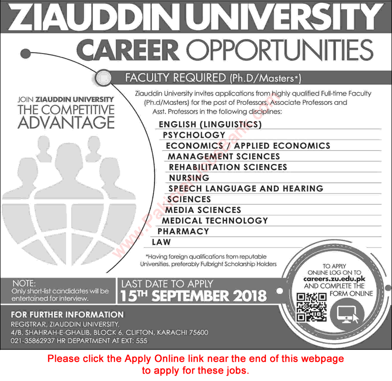 Ziauddin University Karachi Jobs August 2018 Apply Online Teaching Faculty Latest