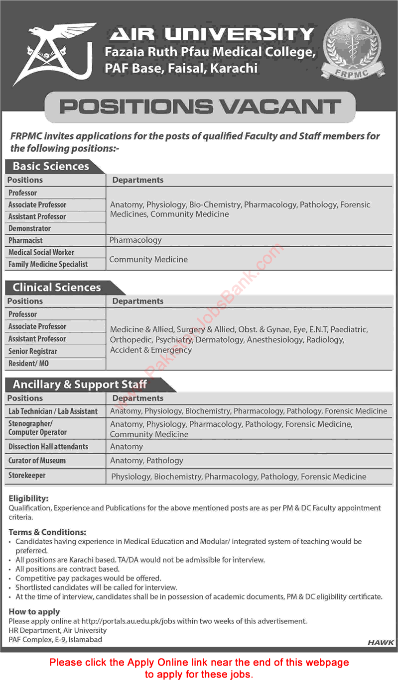 Fazaia Ruth PFAU Medical College Karachi Jobs August 2018 Apply Online Teaching Faculty, Medical Officers & Others Latest