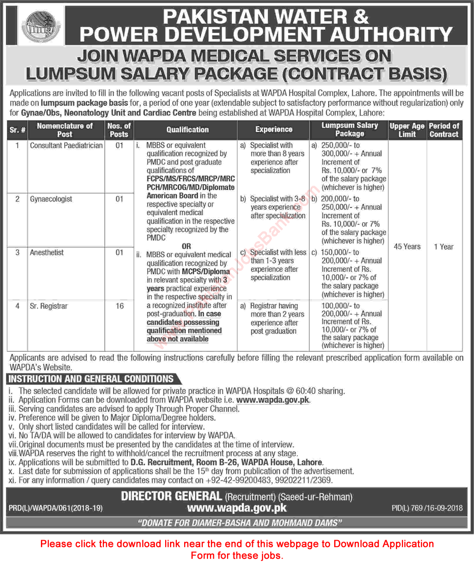 Specialist Doctor Jobs in WAPDA Hospital Complex Lahore 2018 September Application Form Download Latest