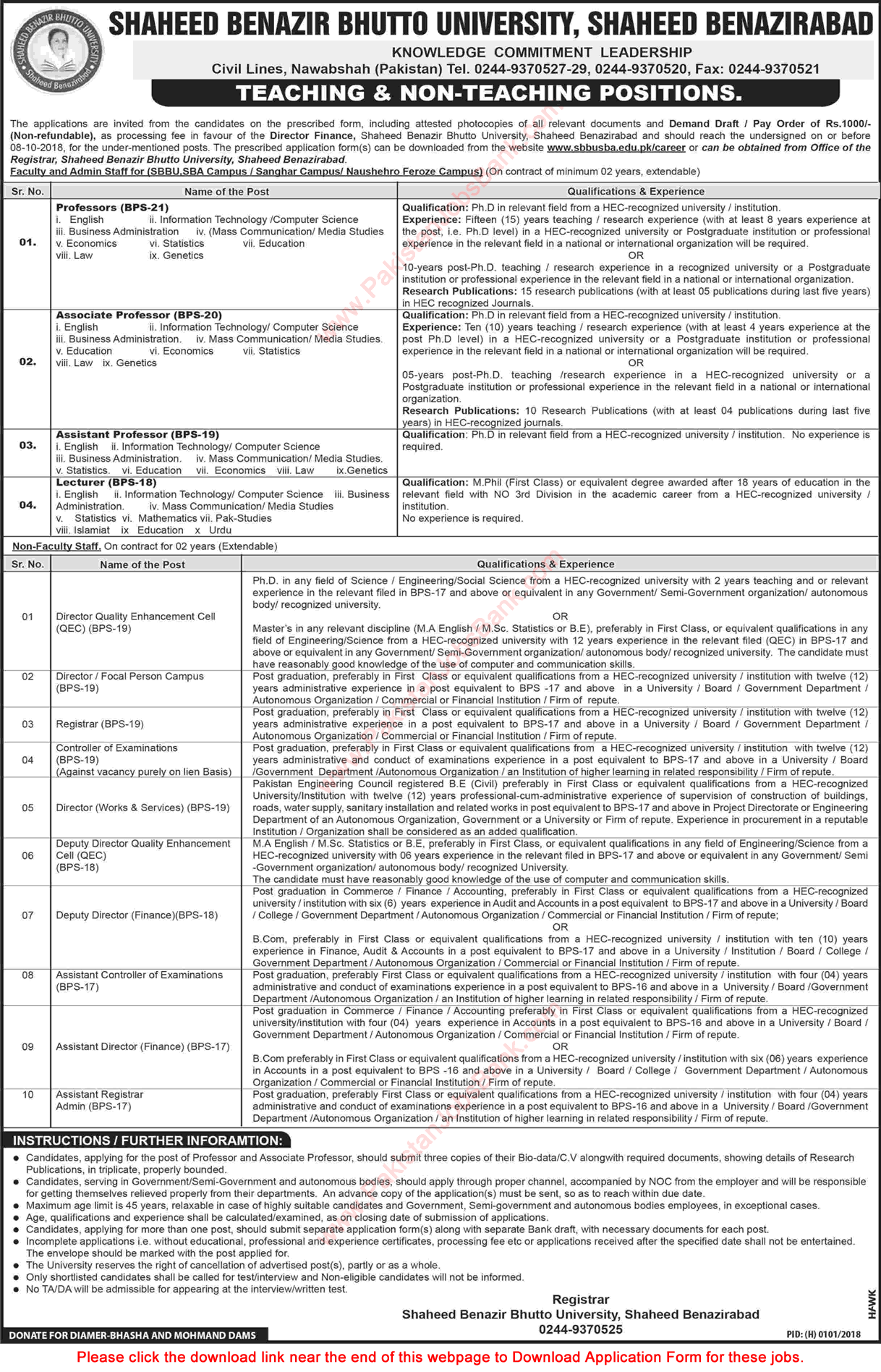 Shaheed Benazir Bhutto University Shaheed Benazirabad Jobs September 2018 Application Form Latest