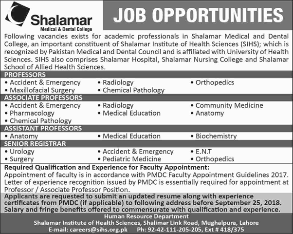 Shalamar Medical and Dental College Lahore Jobs September 2018 Teaching Faculty Latest