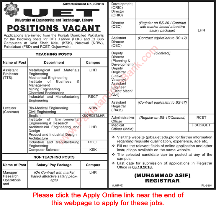 UET Lahore Jobs September 2018 University of Engineering and Technology Online Application Form Latest