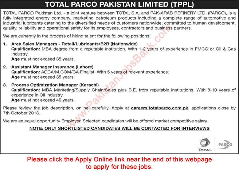 Total Parco Pakistan Limited Jobs September 2018 October Apply Online Area Sales Managers & Others Latest