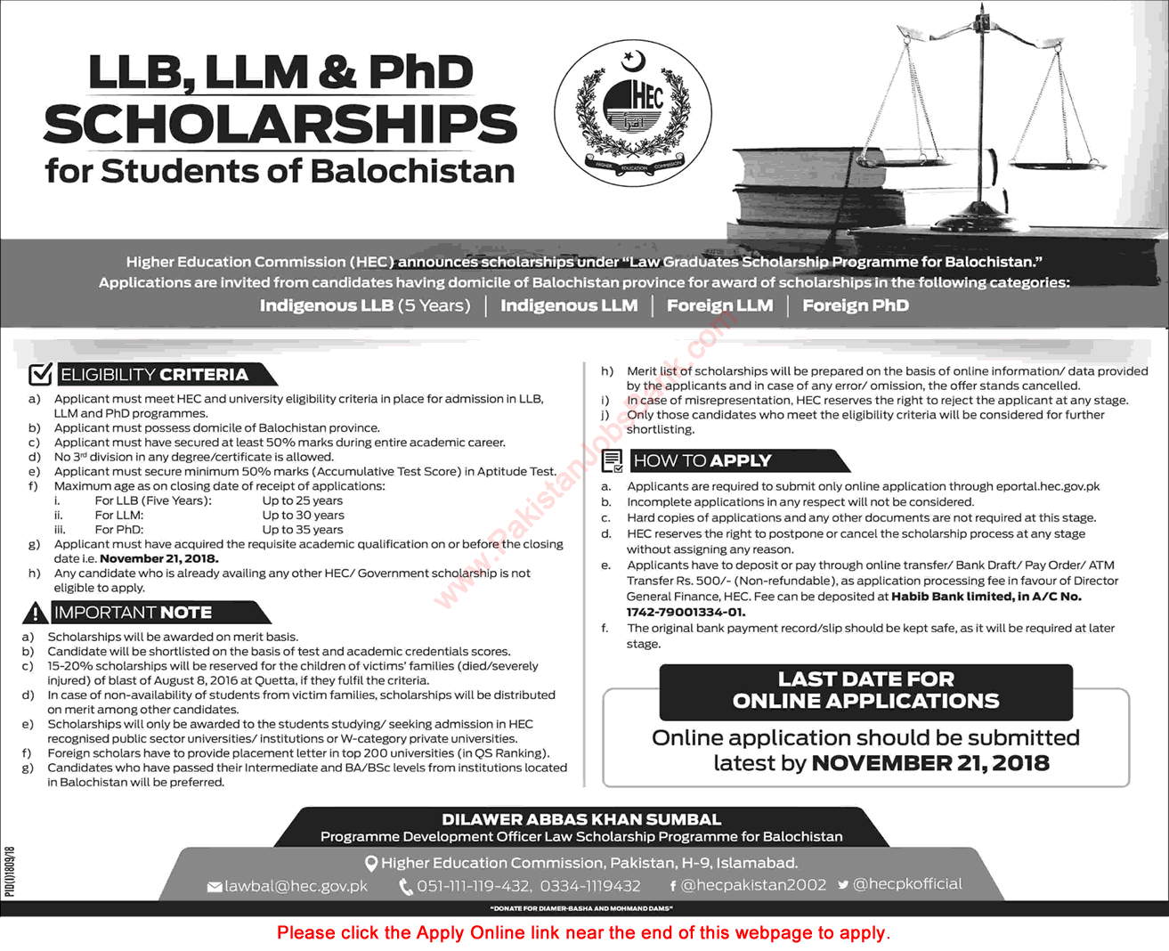 HEC LLB, LLM & PhD Scholarships for Students of Balochistan 2018 October Apply Online Latest