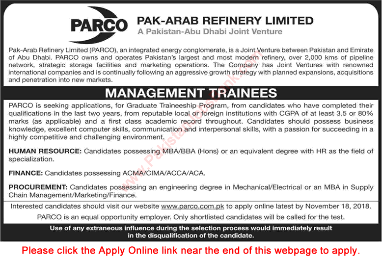Management Trainee Jobs in PARCO November 2018 Apply Online Pak-Arab Refinery Limited Latest