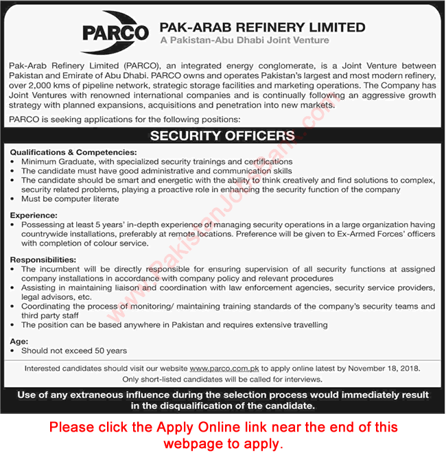 Security Officer Jobs in PARCO November 2018 Apply Online Pak-Arab Refinery Limited Latest