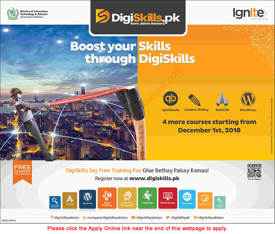 Digiskills Pakistan Free Online Courses November 2018 Apply Online Ministry of Information Technology & Telecom Latest