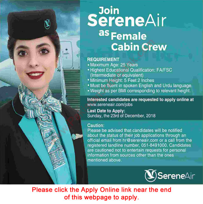 Female Cabin Crew Jobs in Serene Air December 2018 Air Hostess Karachi Apply Online Latest