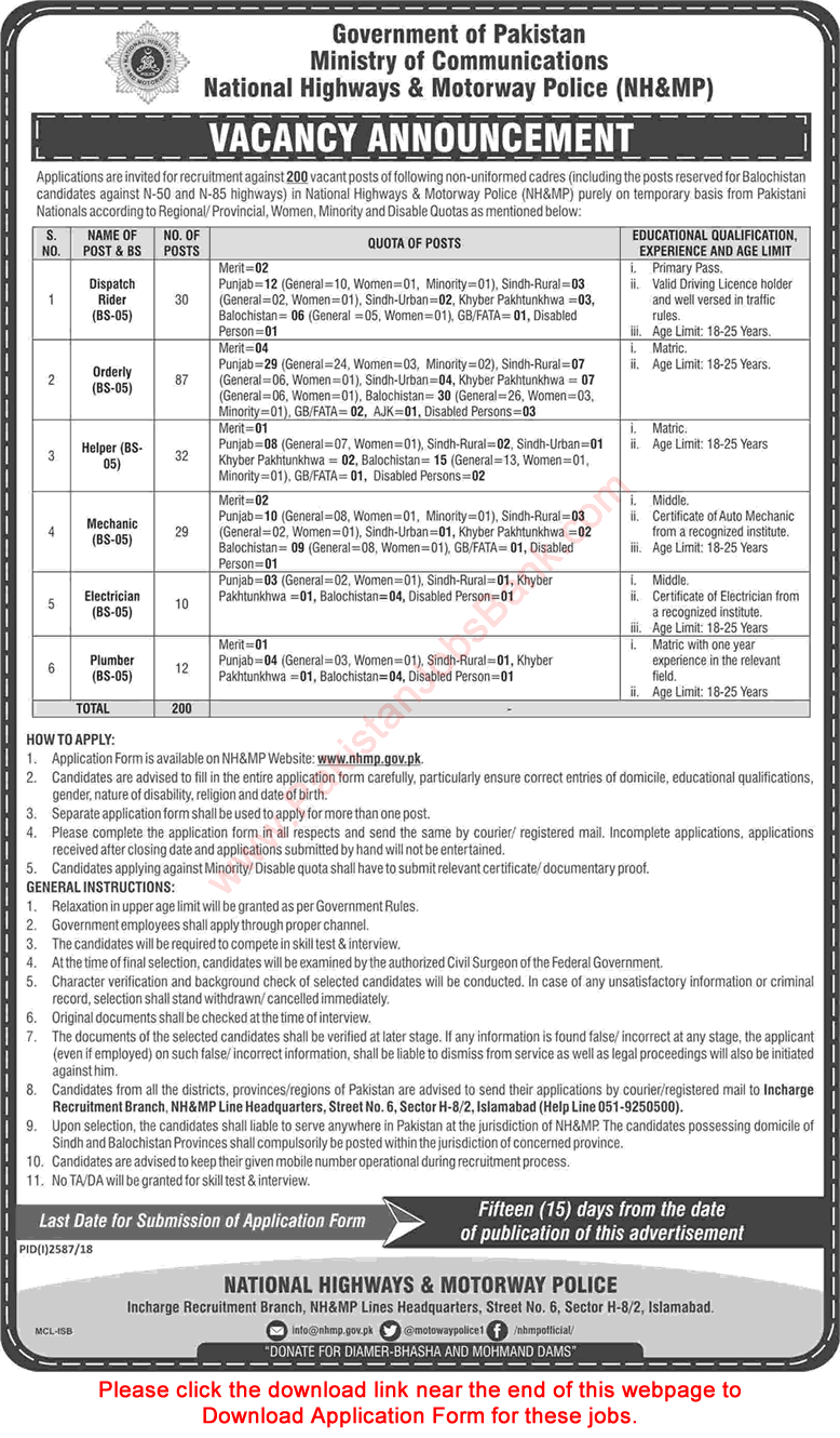 Motorway police jobs in pakistan 2012 application form