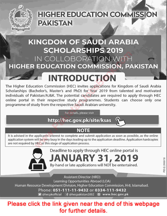 HEC Scholarships 2019 for Bachelors, Masters & PhD Studies in Kingdom of Saudi Arabia KSA Latest