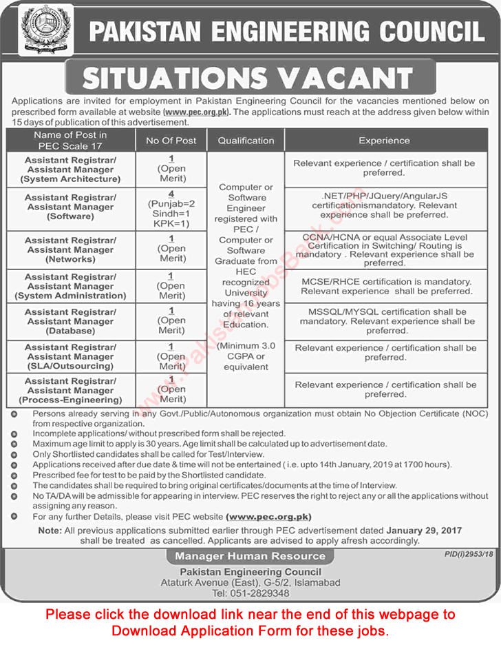 Pakistan Engineering Council Islamabad Jobs December 2018 / 2019 Application Form Download Latest