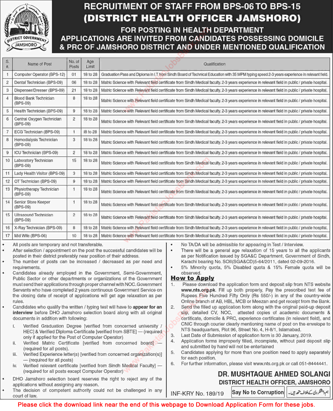 Health Department Jamshoro Jobs 2019 NTS Application Form Dispensers / Dressers, Lab Technicians & Others Latest