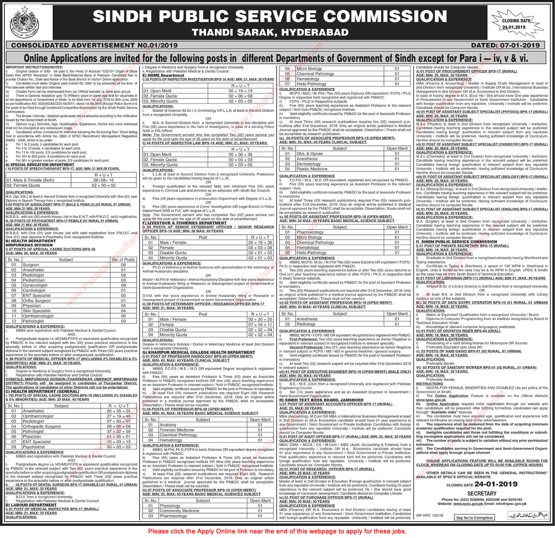 SPSC Jobs 2019 Apply Online Consolidated Advertisement No 01/2019 1/2019 Latest