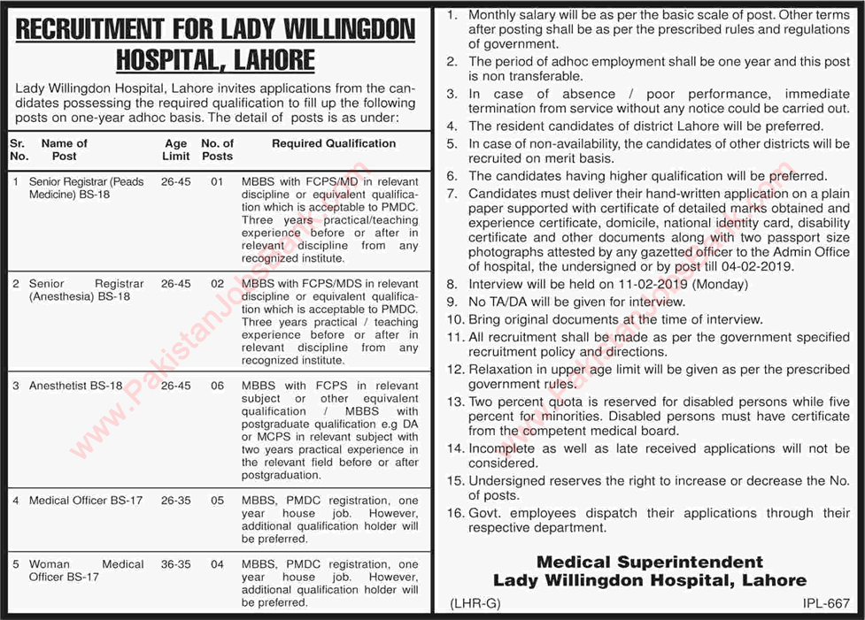 Lady Willingdon Hospital Lahore Jobs 2019 January / February Medical Officer & Others Latest